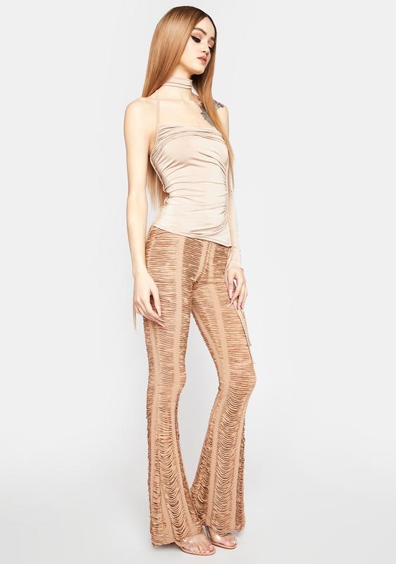 Distressed Flared Mid Waist Pants - Nude | Dolls Kill
