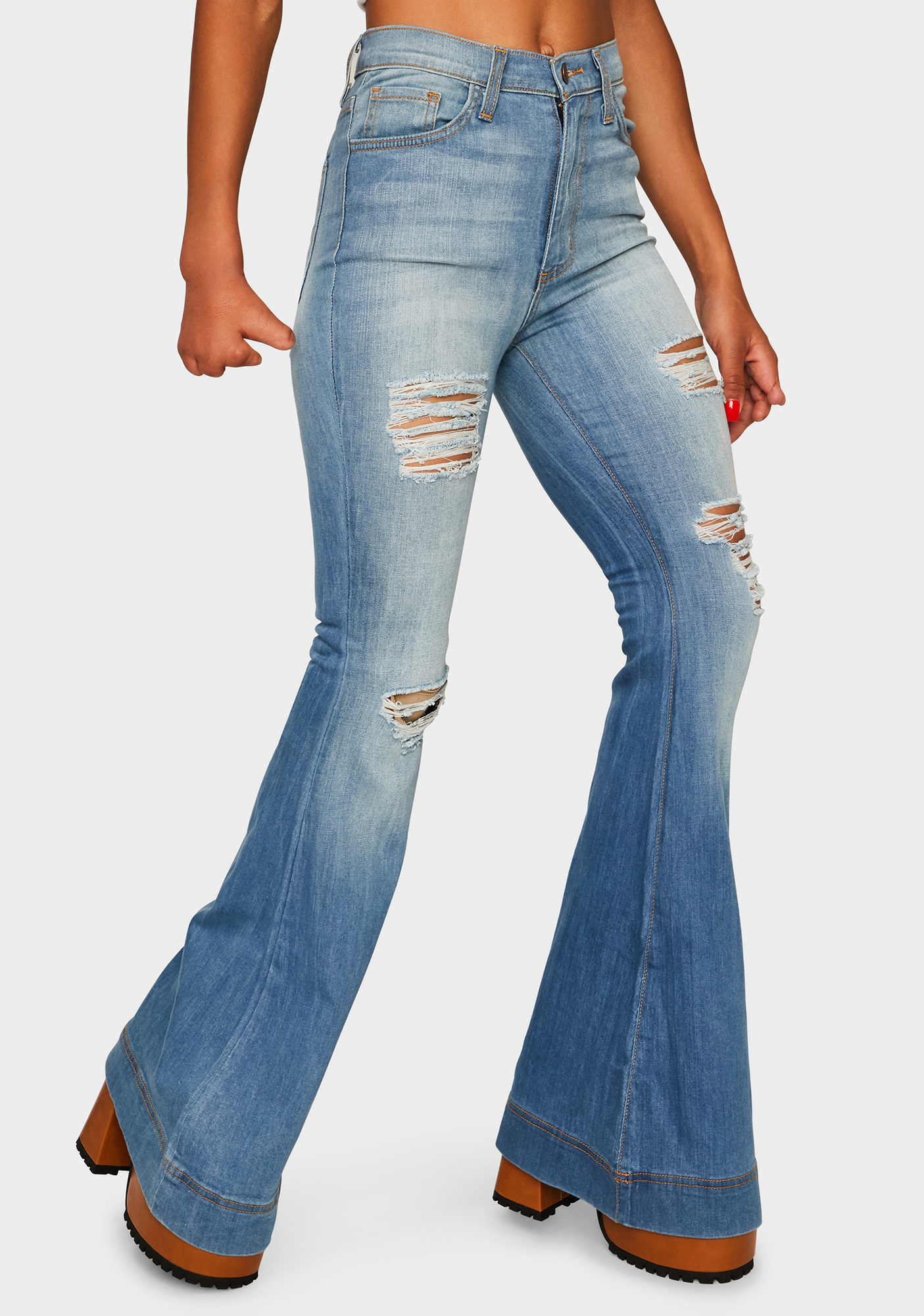 Denim Bell Bottom Flare Jeans - Blue Distressed Wash | Dolls Kill