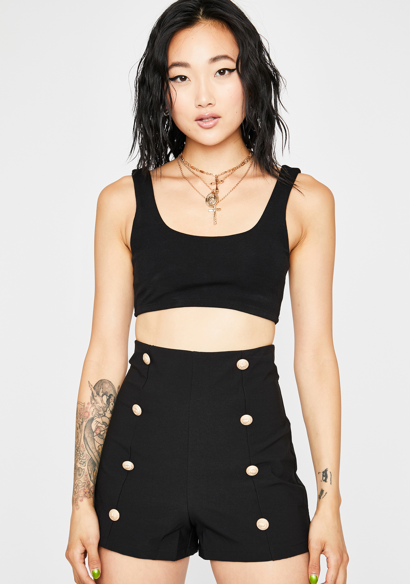 high waisted black button shorts