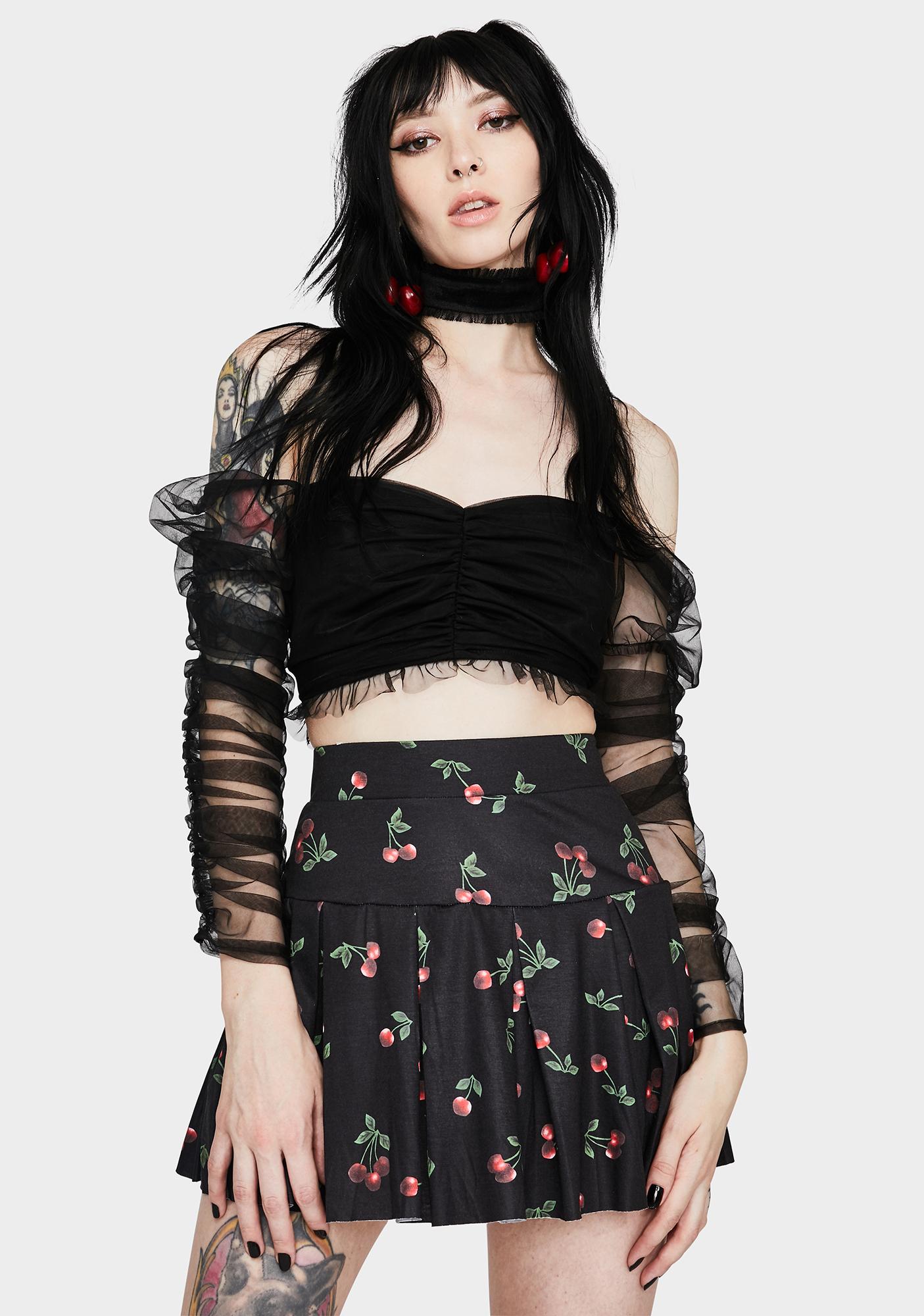 Cherry Print Pleated Skirt - Black | Dolls Kill