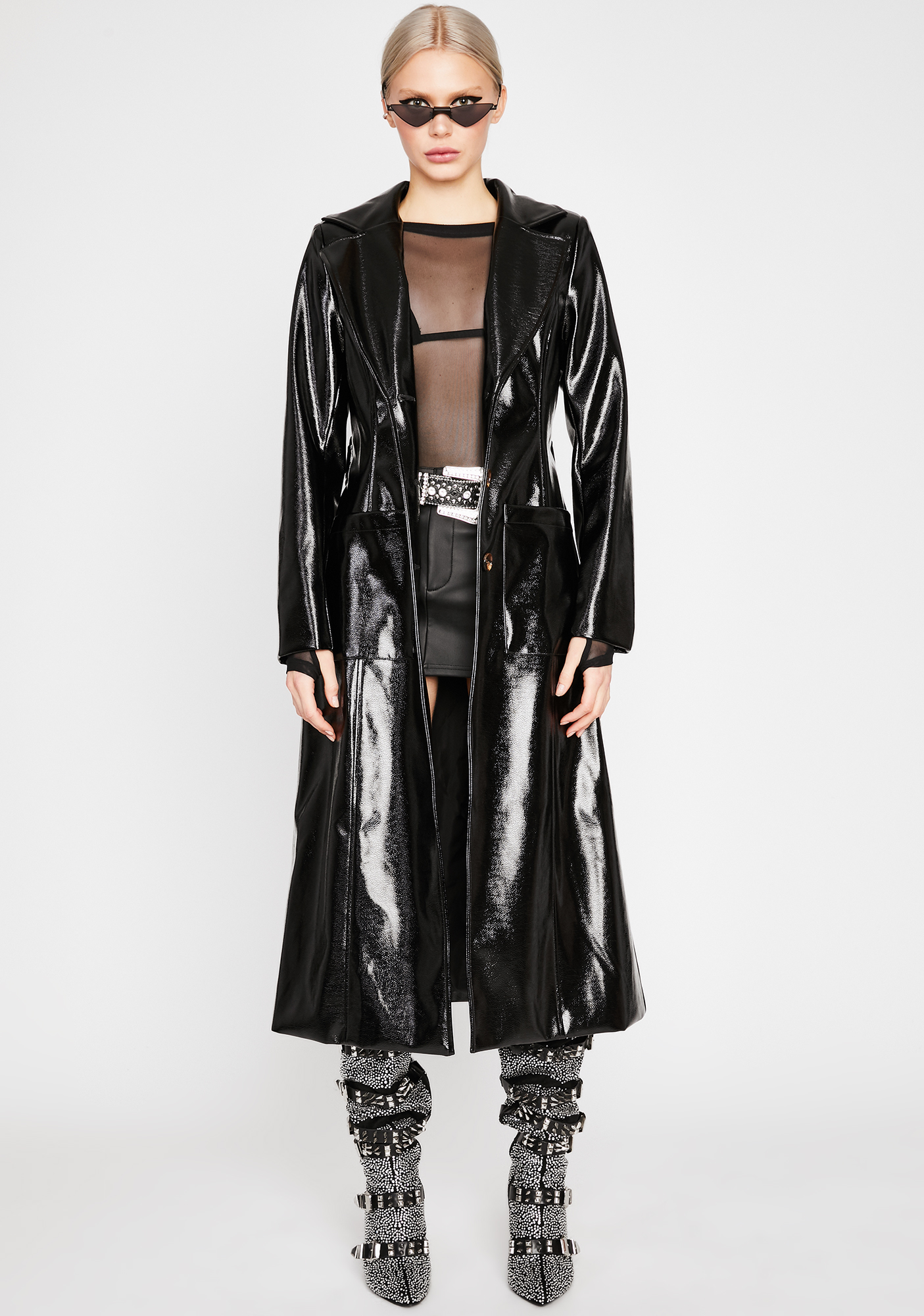 Black Vinyl Long Belted Button Up Trench Coat | Dolls Kill