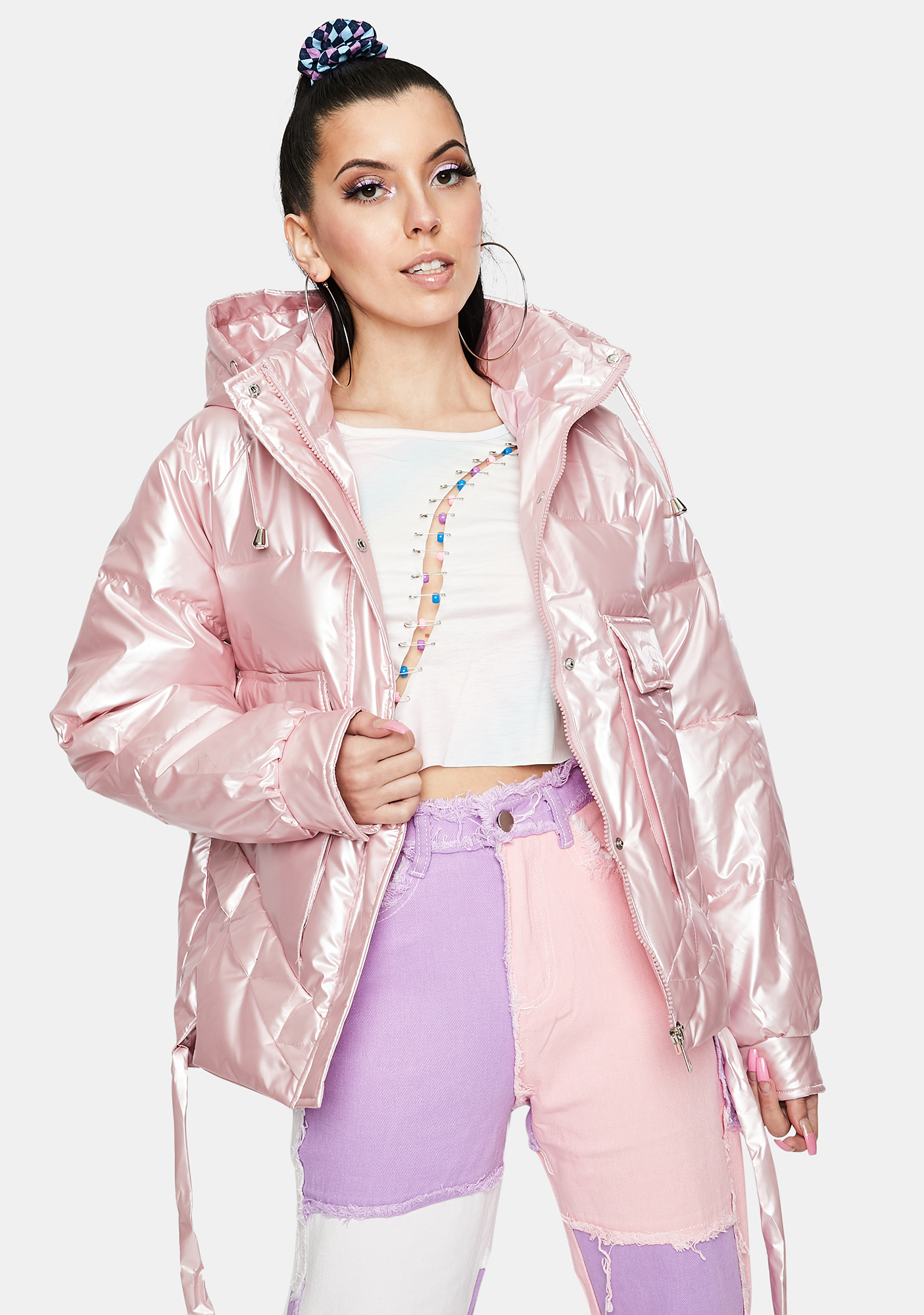 metallic pink puffer jacket