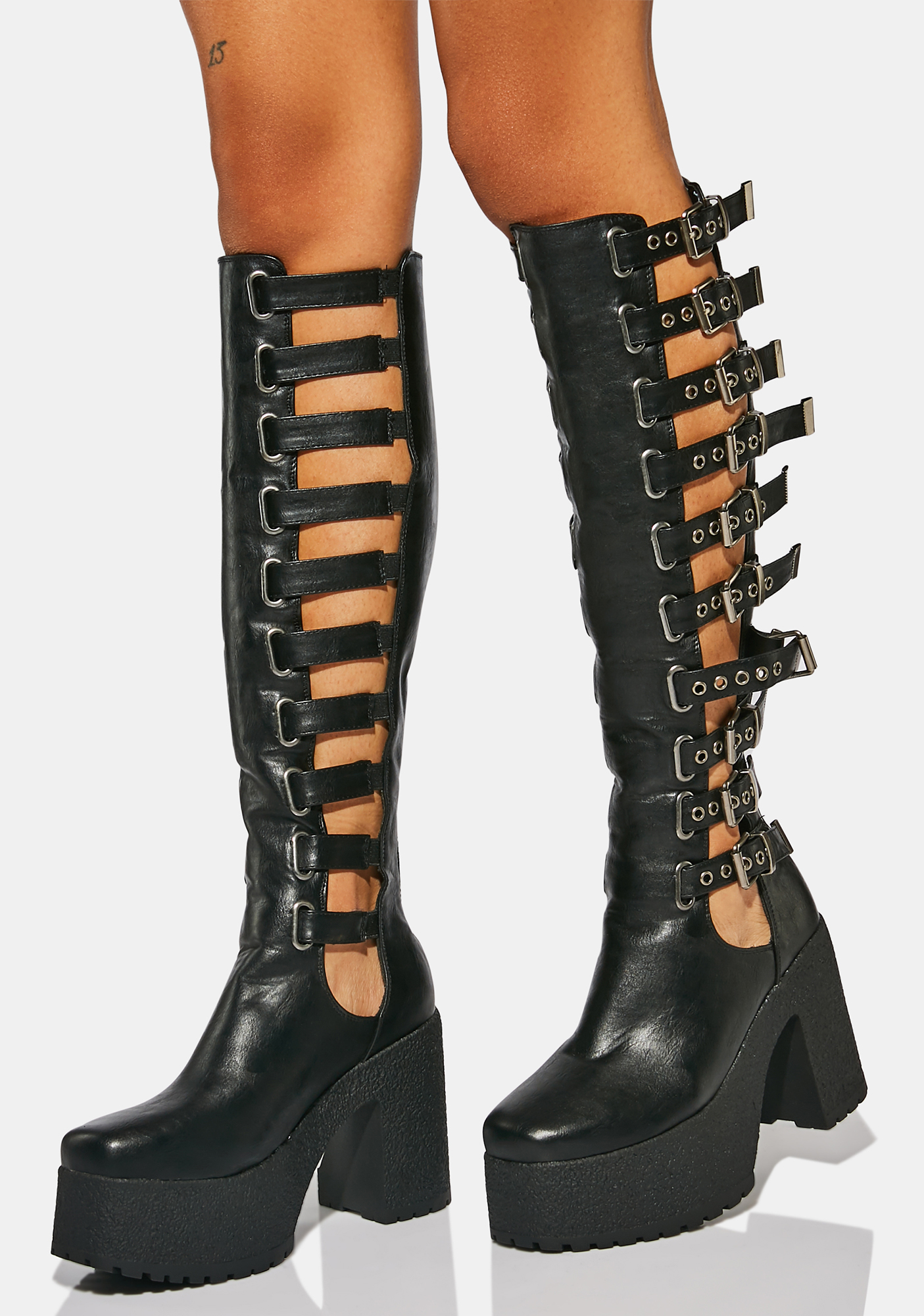 Lamoda Vegan Leather Buckle Knee High Platform Boots Dolls Kill