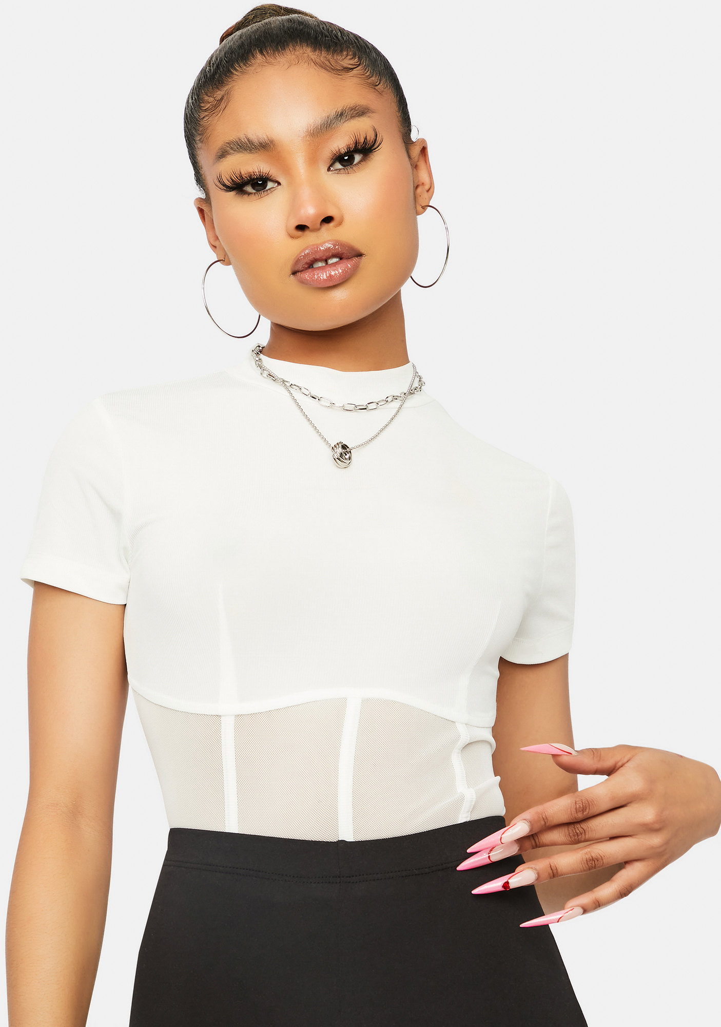 Paneled Mesh Mock Neck Crop Top - White | Dolls Kill