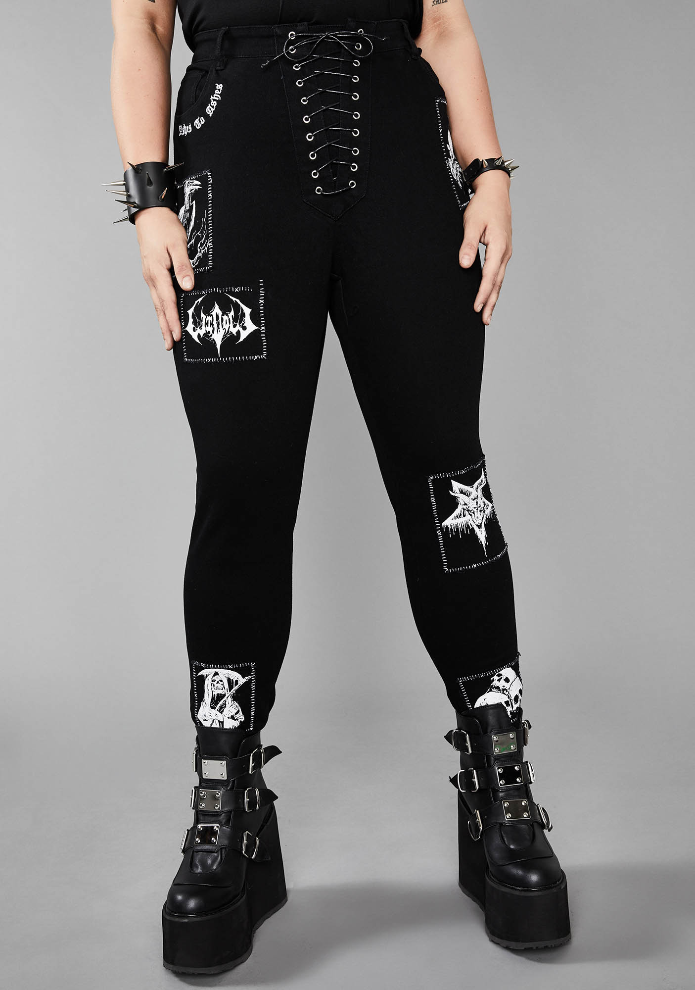 Plus Size Widow Patched Lace-Up Skinny Jeans | Dolls Kill