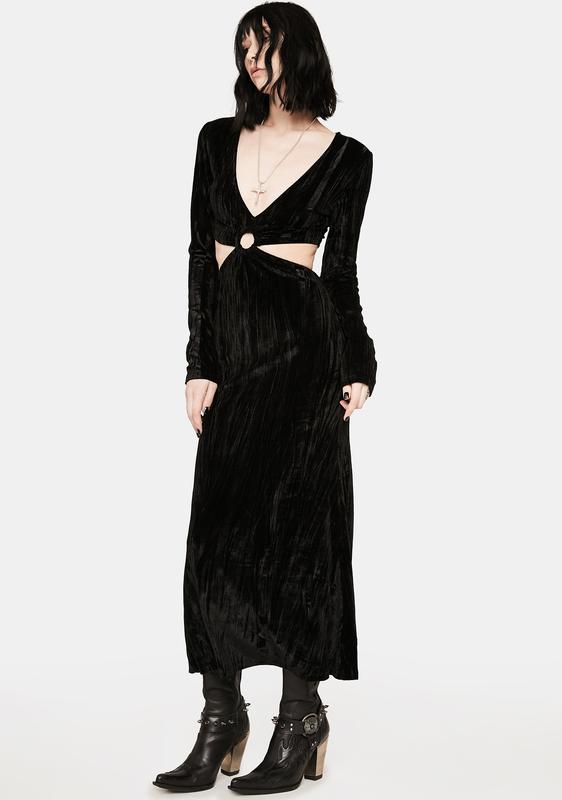 long sleeve black velvet maxi dress