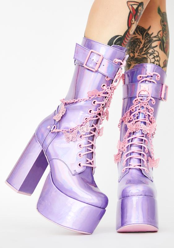 Club Exx Holographic Butterfly Chain Platform Boots Purple | Dolls 