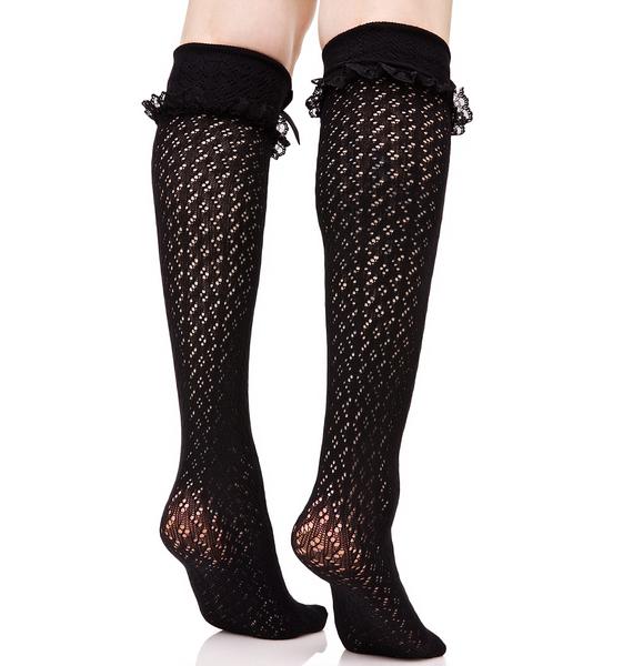 Black Crochet Ruffle Cuff Over The Knee Socks | Dolls Kill