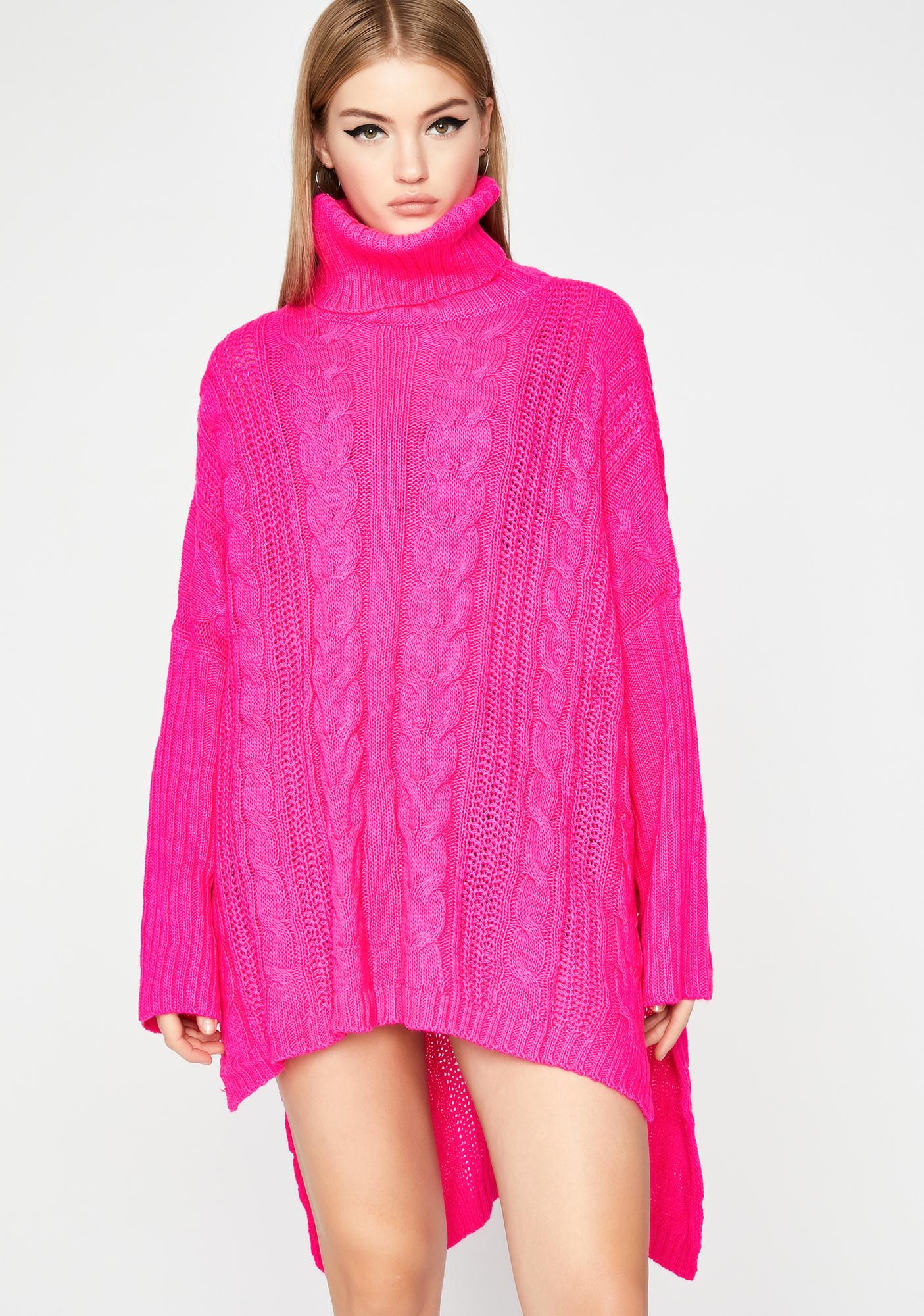 pink cable knit turtleneck sweater