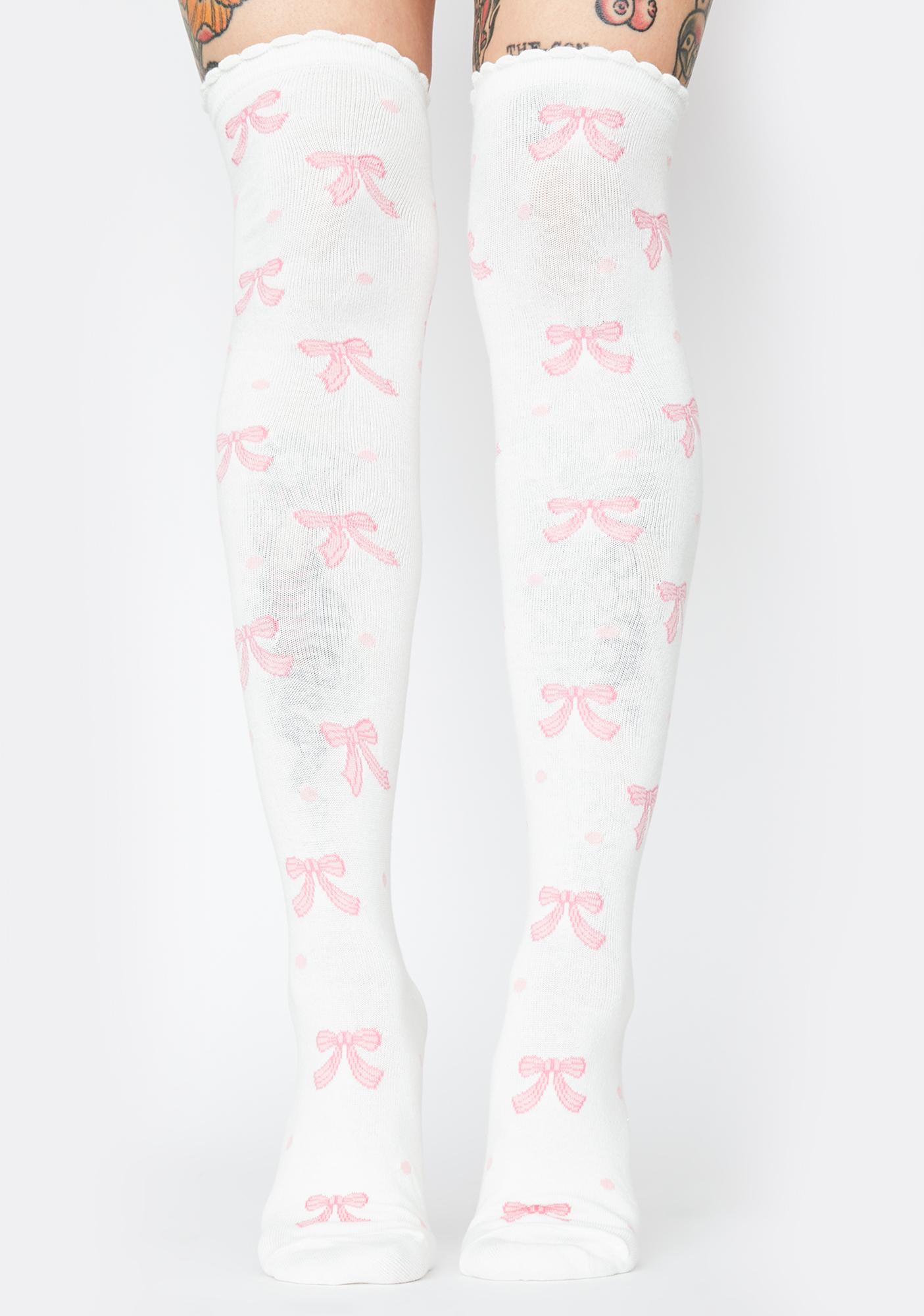 white high knee socks with bows