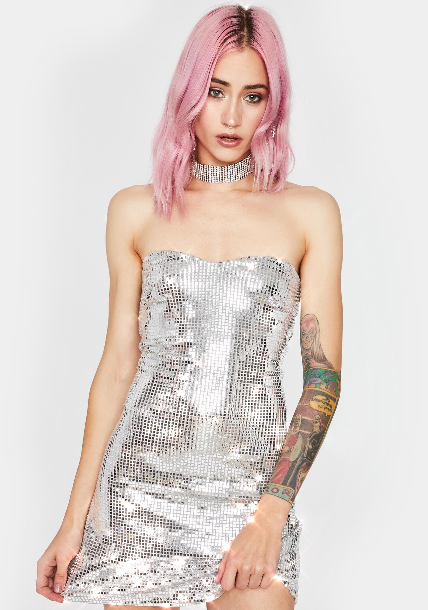 Sequin Strapless Cut-Out Back Bodycon Mini Dress Silver | Dolls Kill