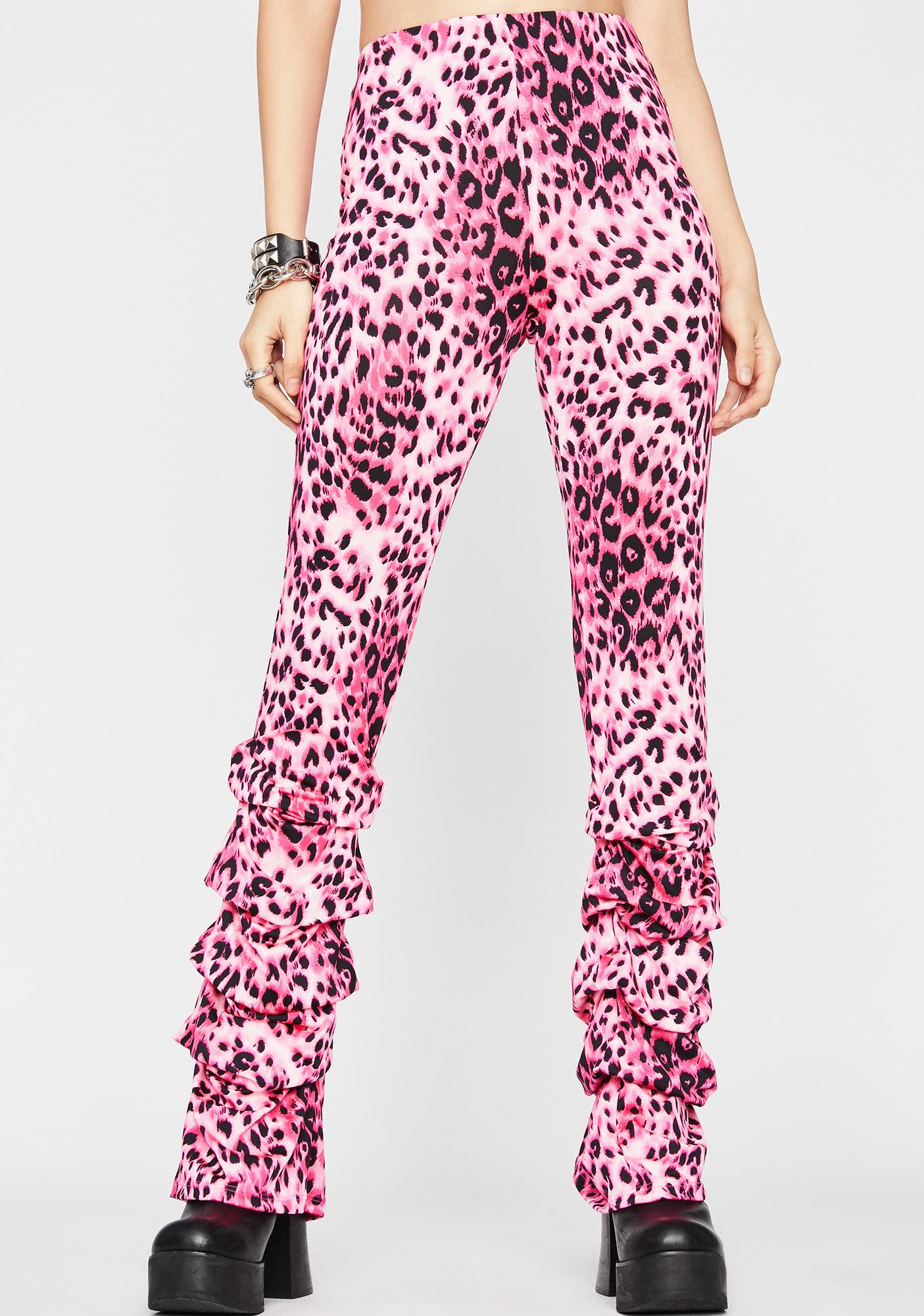 Tier Flare Hem Leopard High Waist Slim Pants - Pink | Dolls Kill