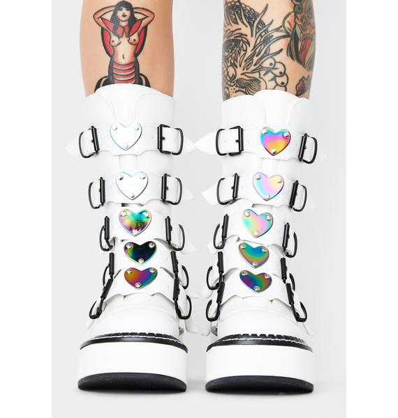 Demonia Oil Slick Iridescent Heart Buckle Platform Boots White Dolls Kill