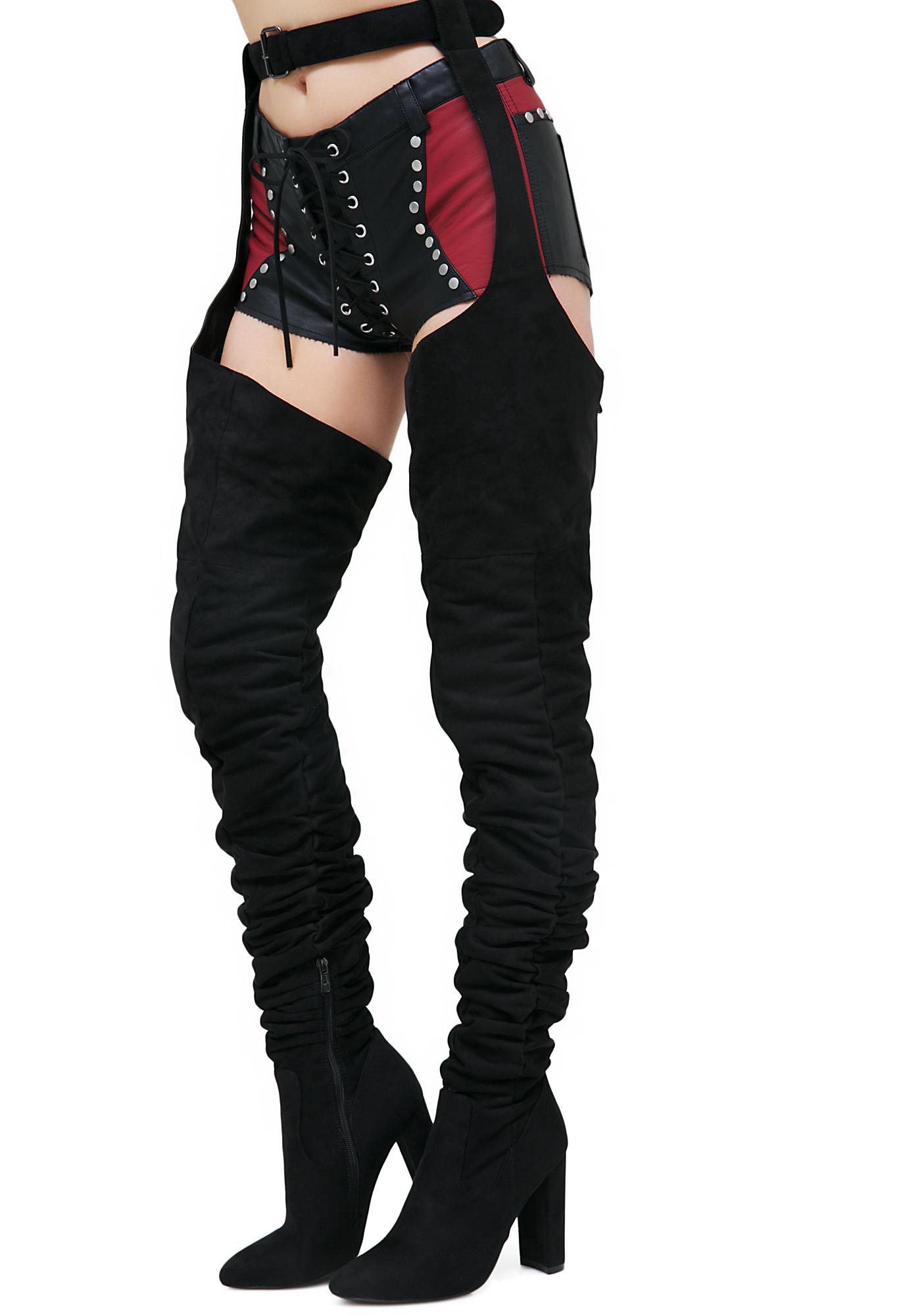 belted chap thigh high boots