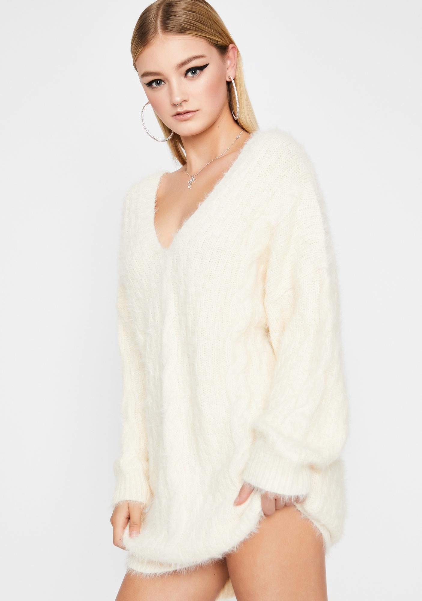 Long Sleeve Fuzzy Mini Dress Off White | Dolls Kill
