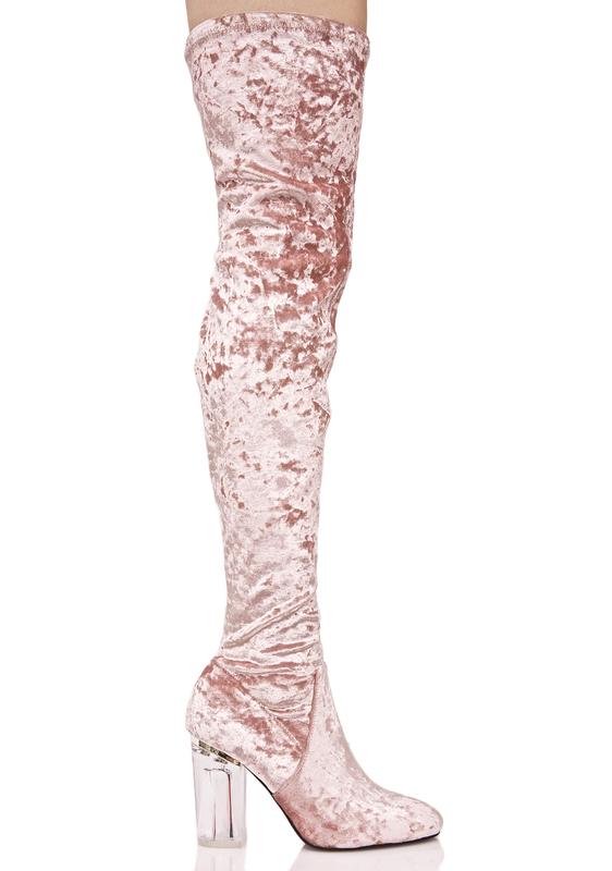 pink velvet knee high boots