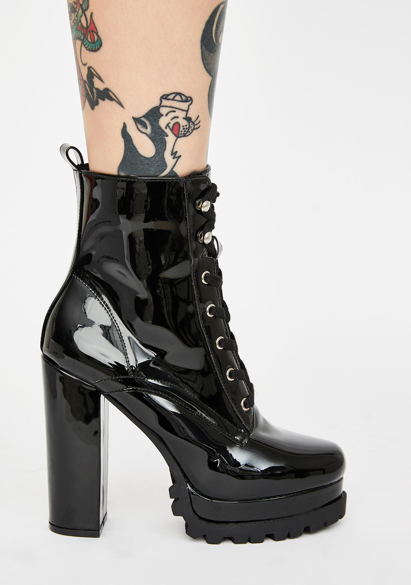 Patent Vegan Leather Lace Up Ankle Boots Black Dolls Kill