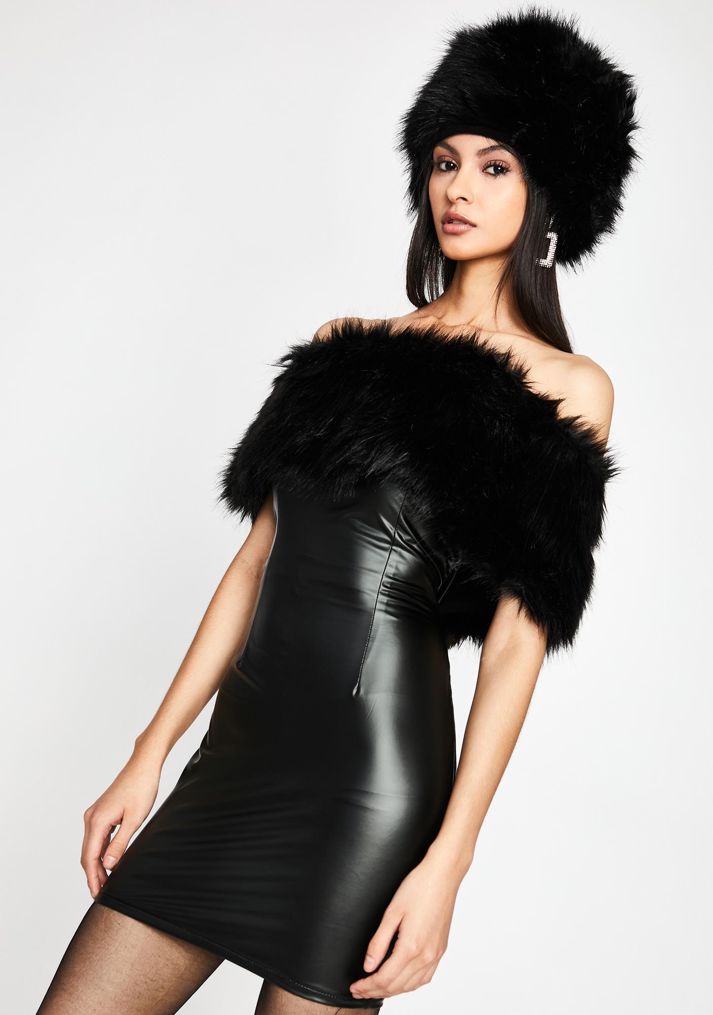 Faux Fur Mini Dress Off The Shoulder Vegan Leather Black | Dolls Kill