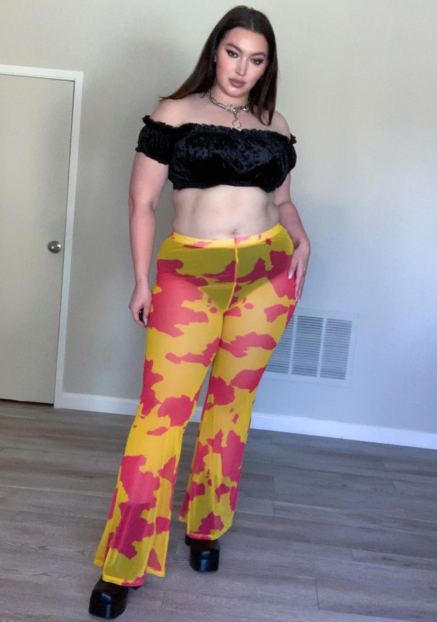pink mesh flare pants