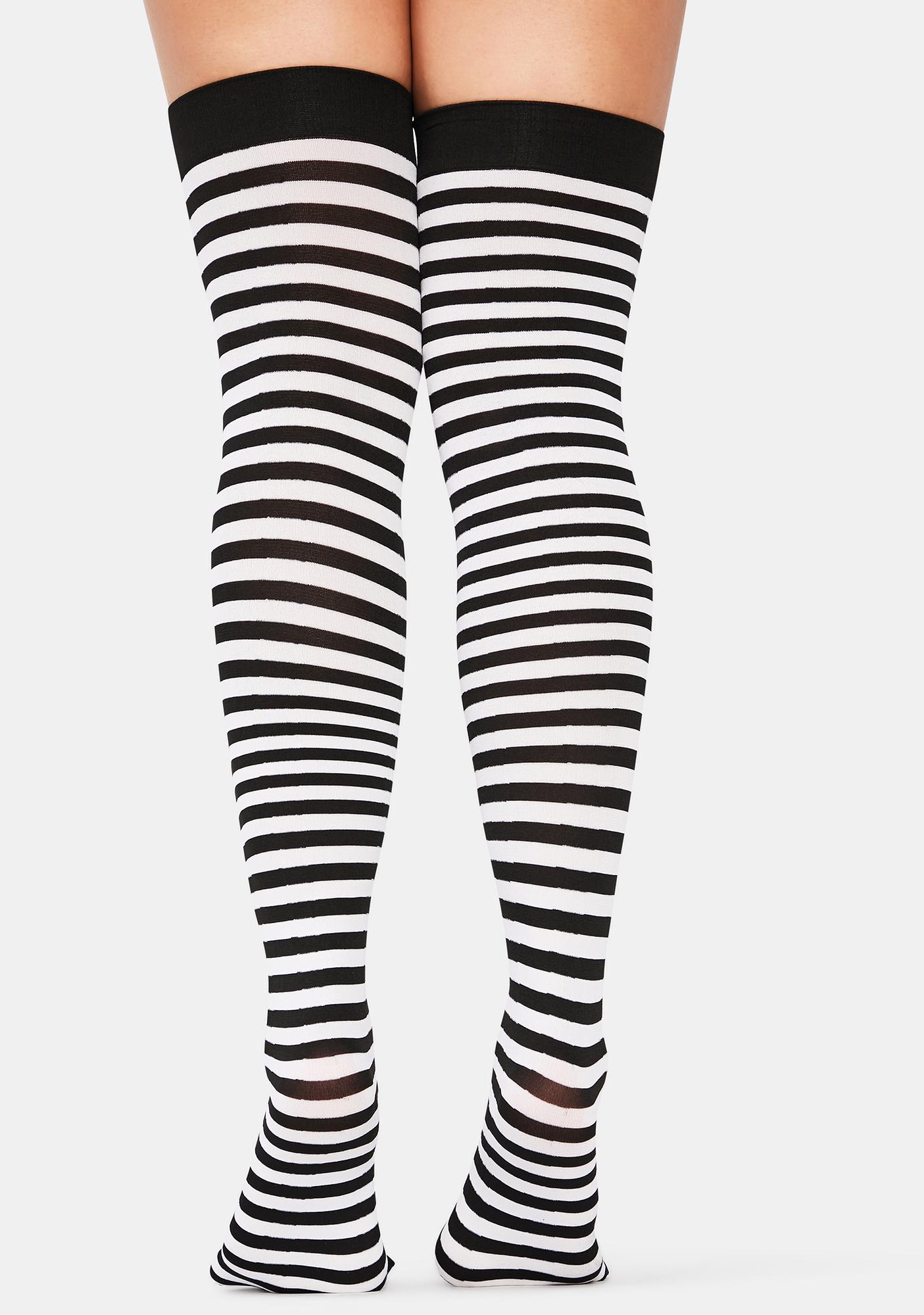 Striped Halloween Thigh High Socks - Black White | Dolls Kill