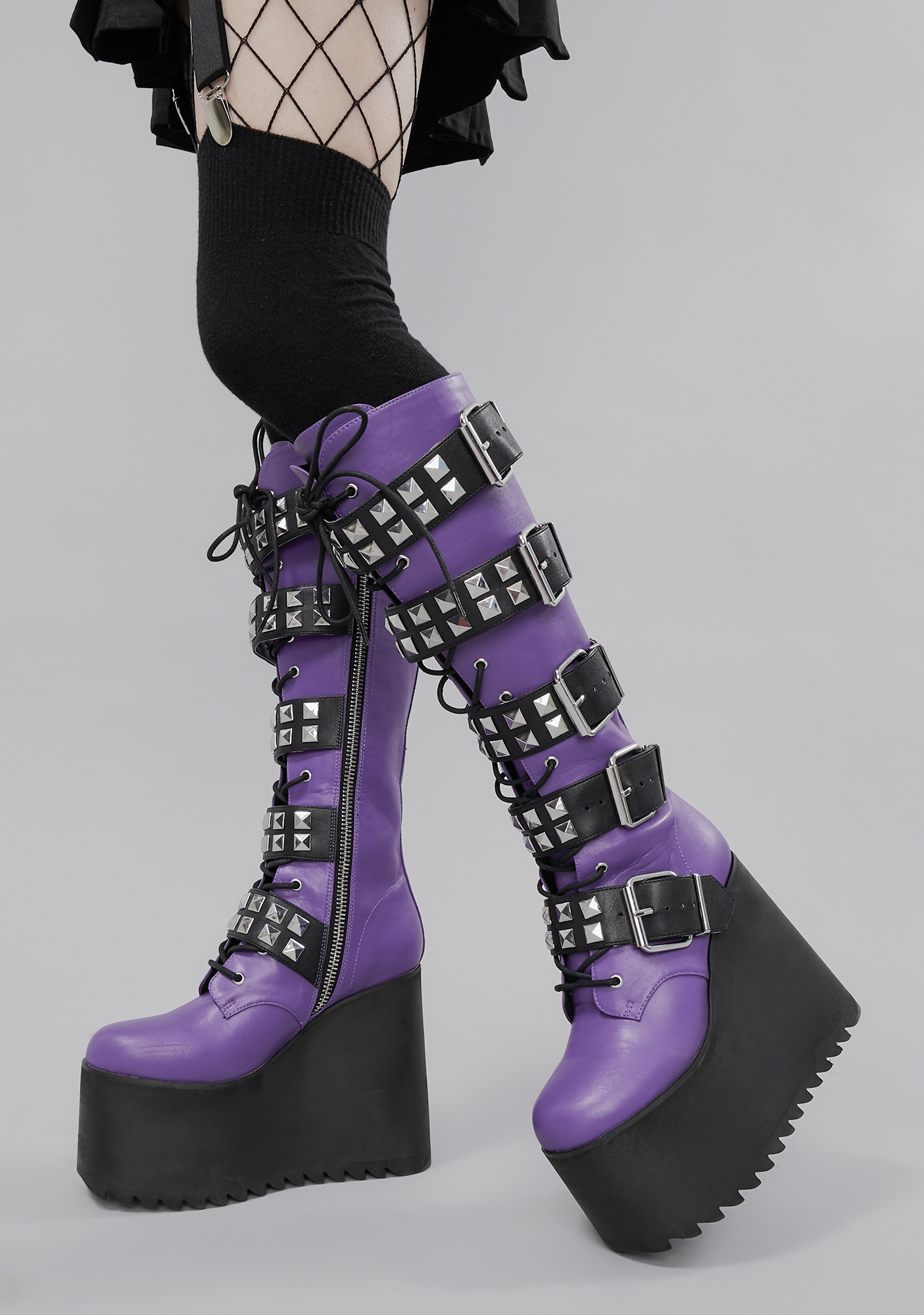 Widow Studded Buckle Knee High Platform Boots Purple/Black Dolls Kill