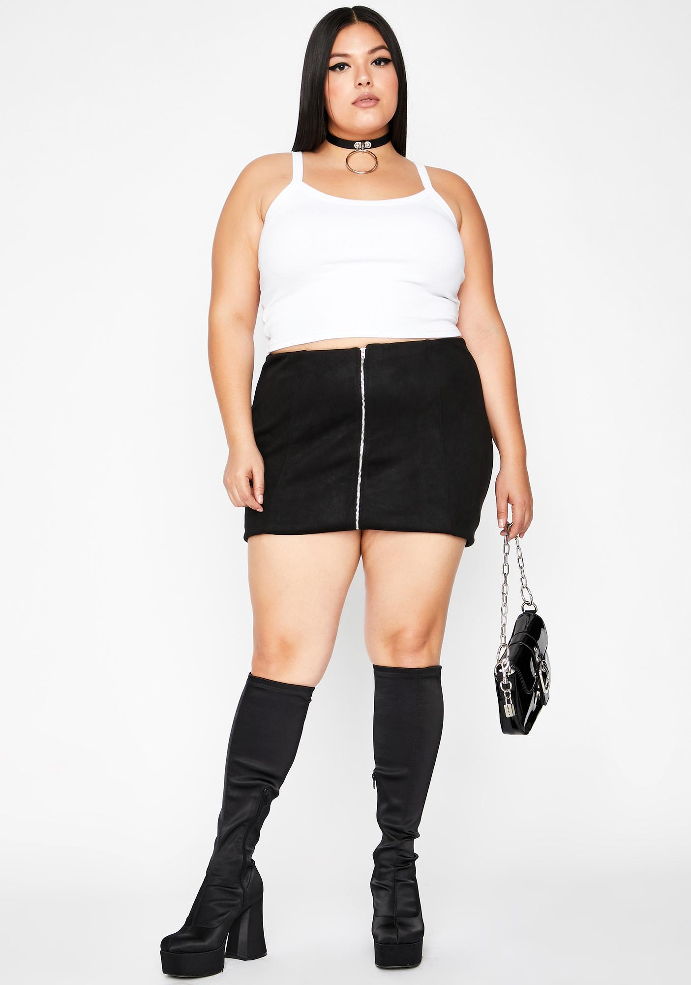 Plus Size Mini Skirt Front Zip Faux Suede High Waist Black | Dolls Kill