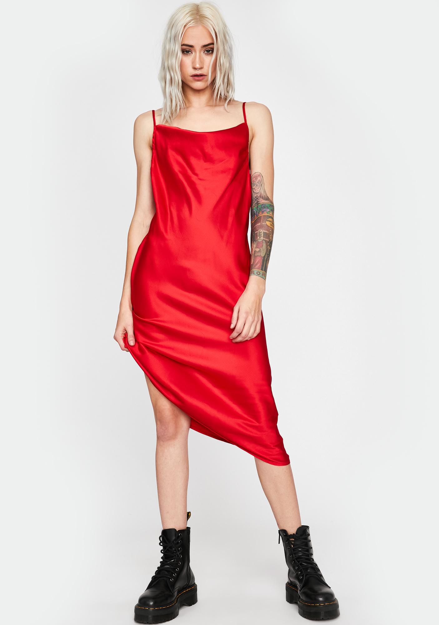 red satin cowl neck midi dress