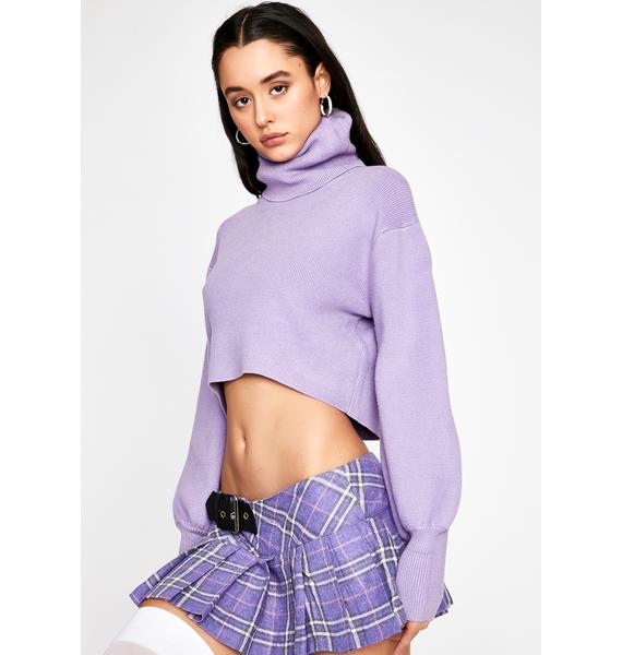 Cropped Long Puff Sleeve Rollover Turtleneck Sweater Light Purple ...