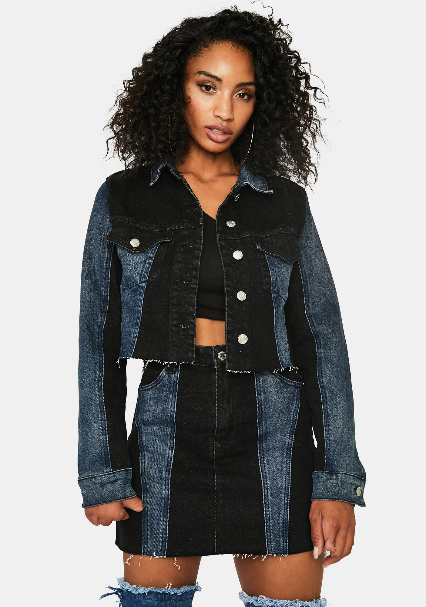 Two Tone Denim Jacket - Black Navy | Dolls Kill