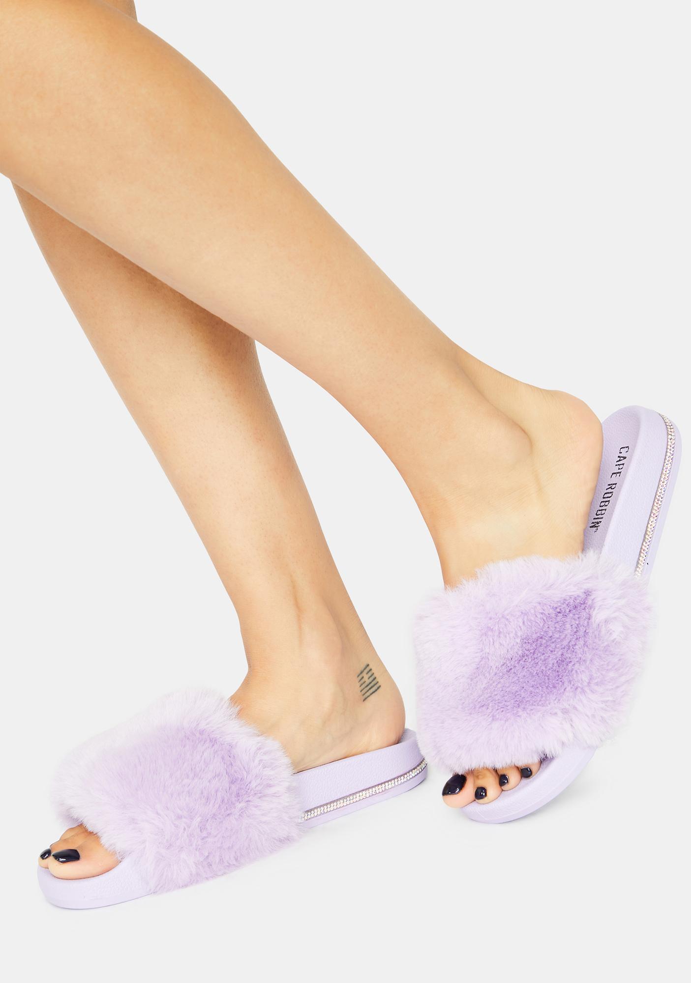 fuzzy slip on sandals