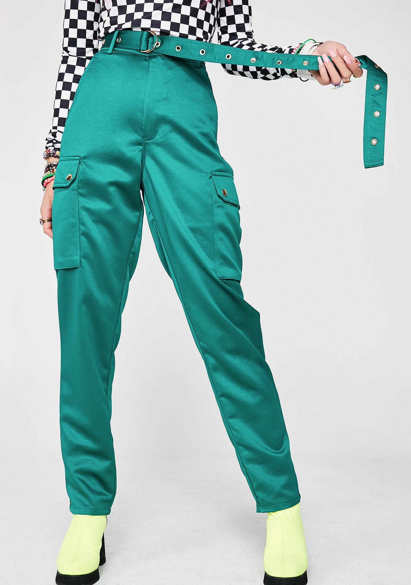 green satin cargo pants
