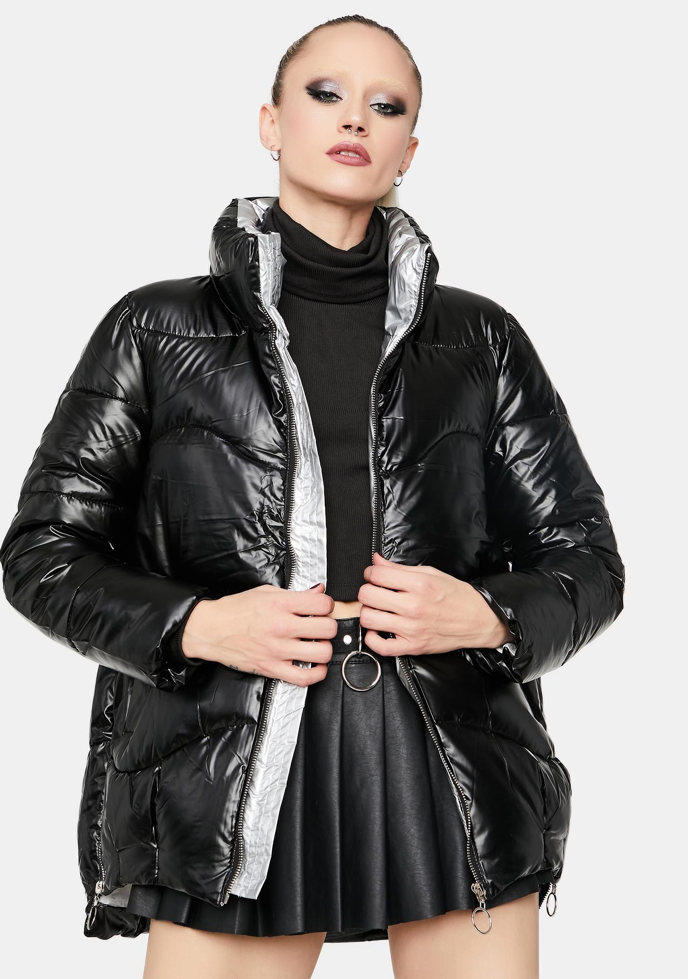 metallic puffer jacket black