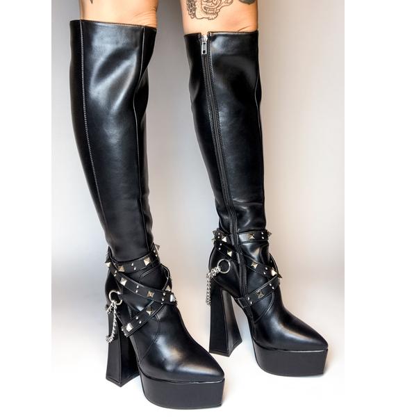 lamoda knee high chunky heel boots in black