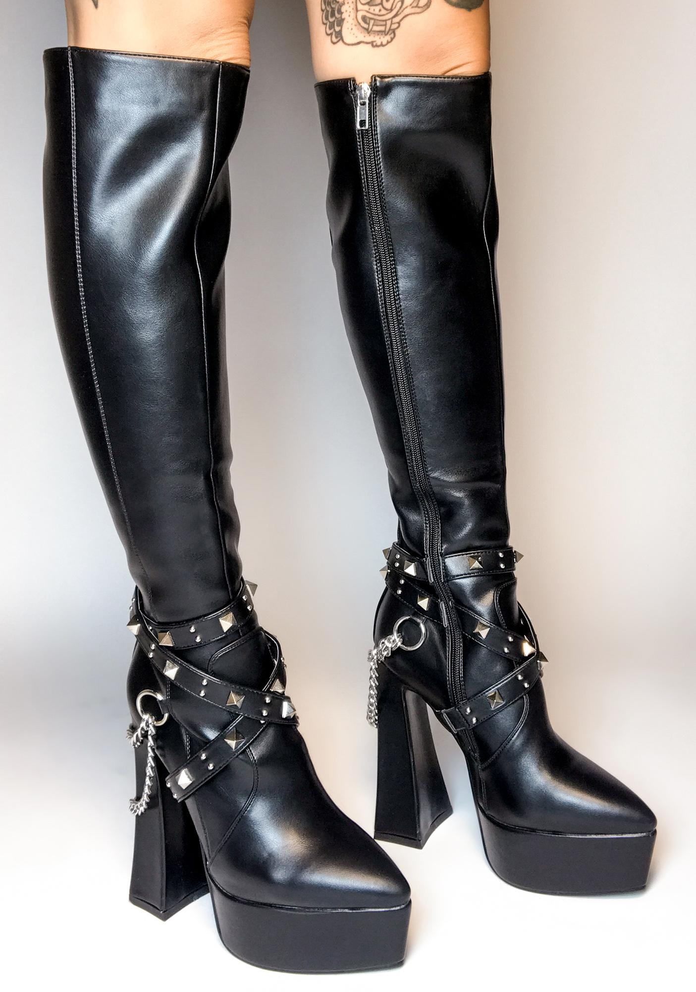 Lamoda Studded Strap Vegan Leather Knee High Boots - Black | Dolls Kill