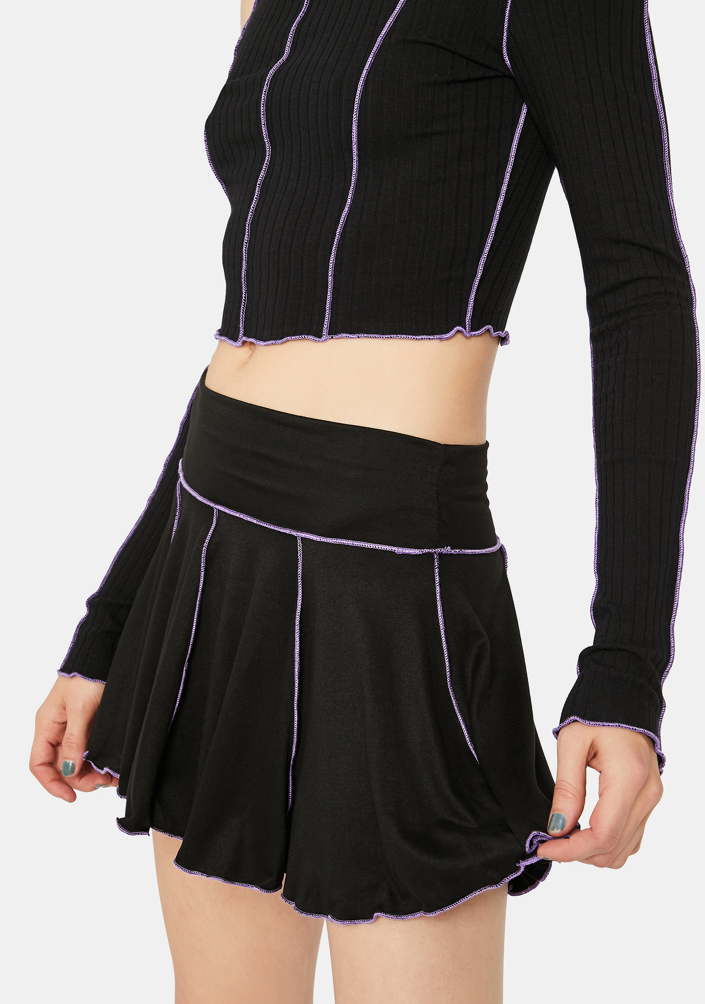 Contrast Stitch High Waist Pleated Mini Skirt - Black/Purple | Dolls Kill