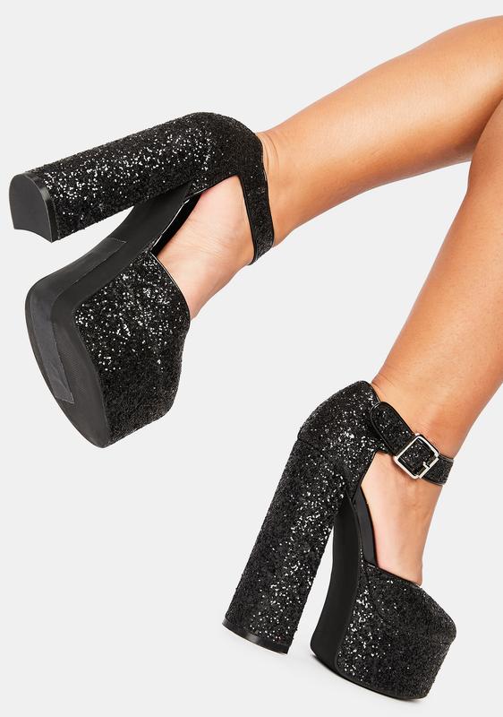 black glitter platform heels