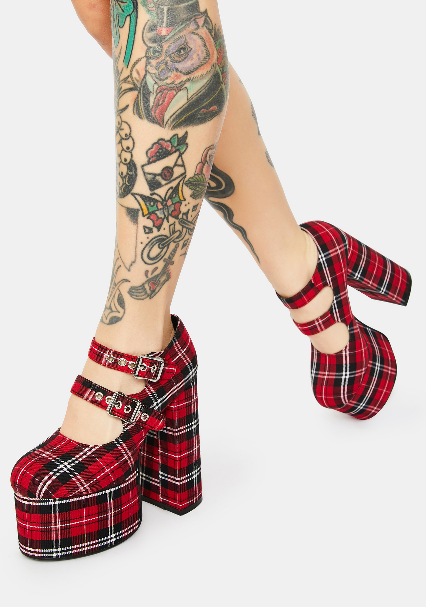 Current Mood Plaid Double Buckle Platform Mary Janes - Red | Dolls Kill