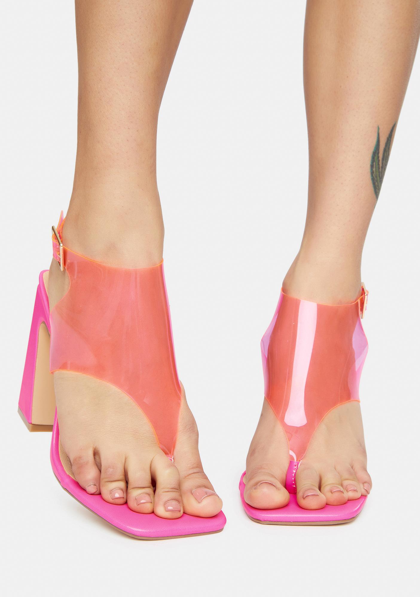 Chunky Heel Clear PVC Thong Sandals - Pink | Dolls Kill