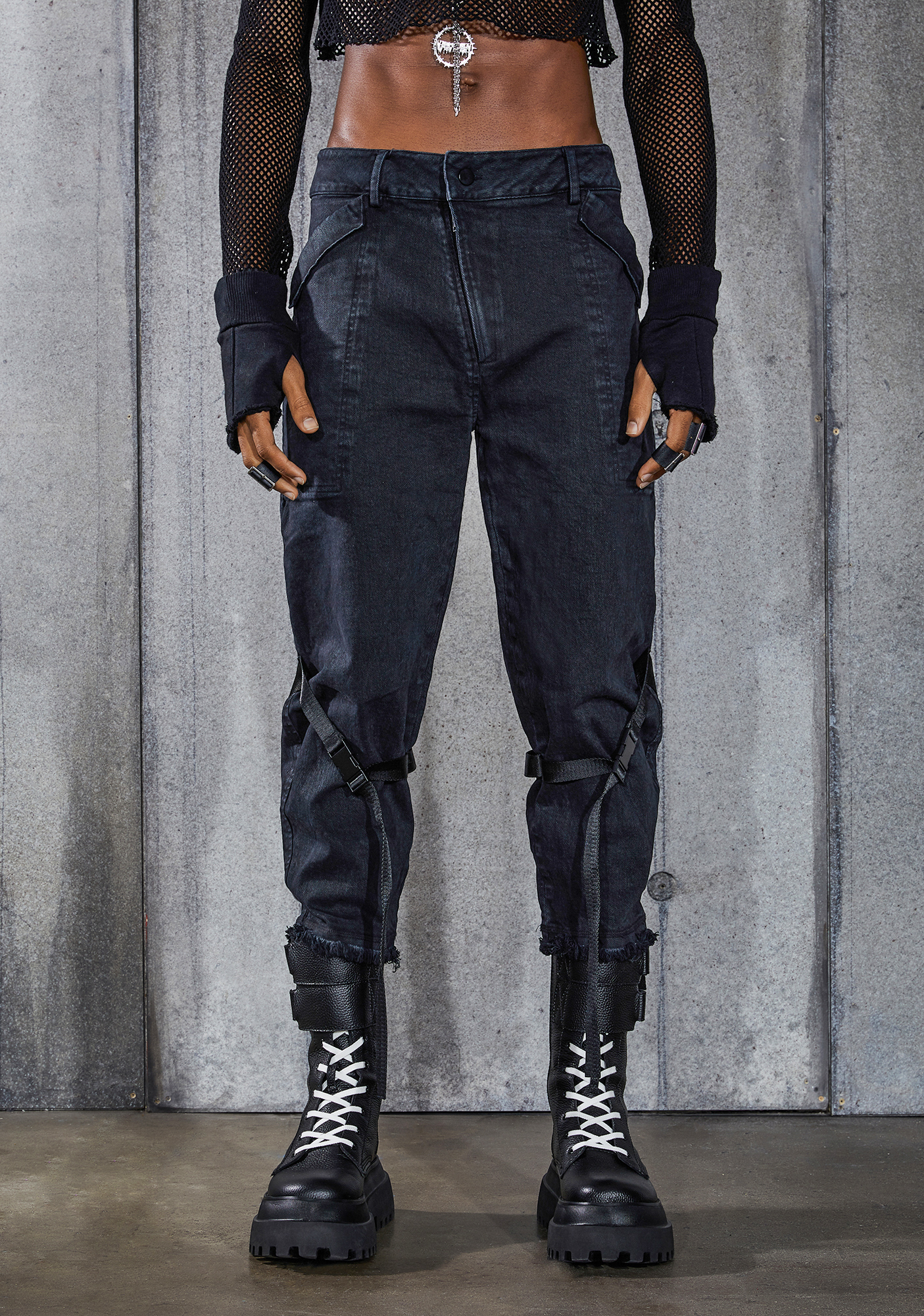 Darker Wavs Washed Denim Cross Buckle Cargo Pants Black Dolls Kill
