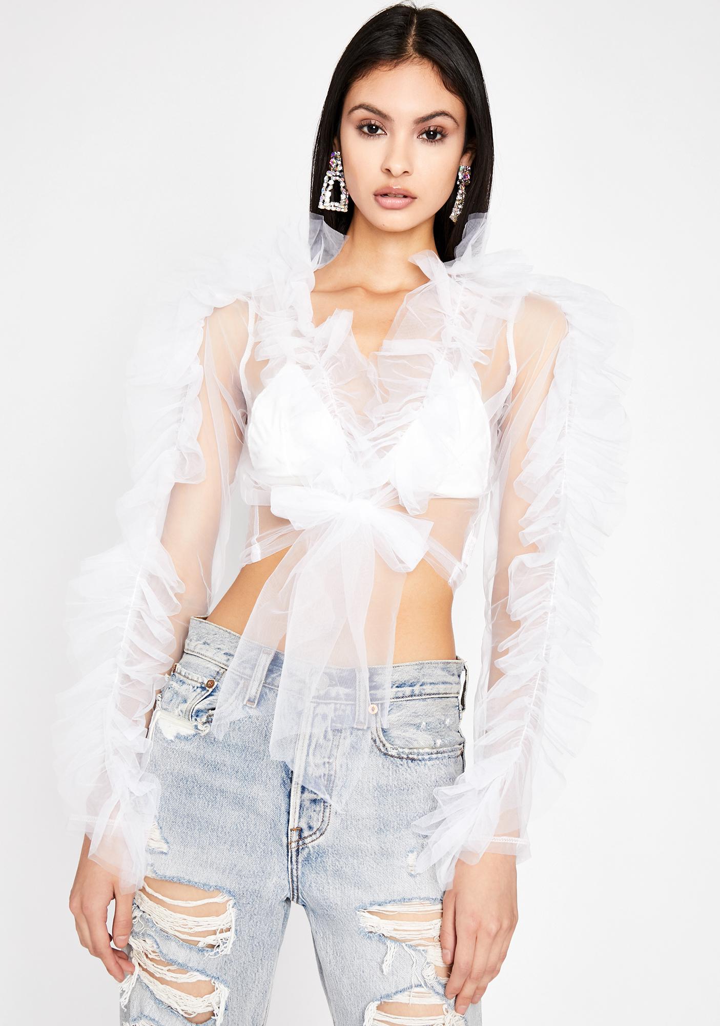 White Sheer Tulle Front Tie Long Sleeve 