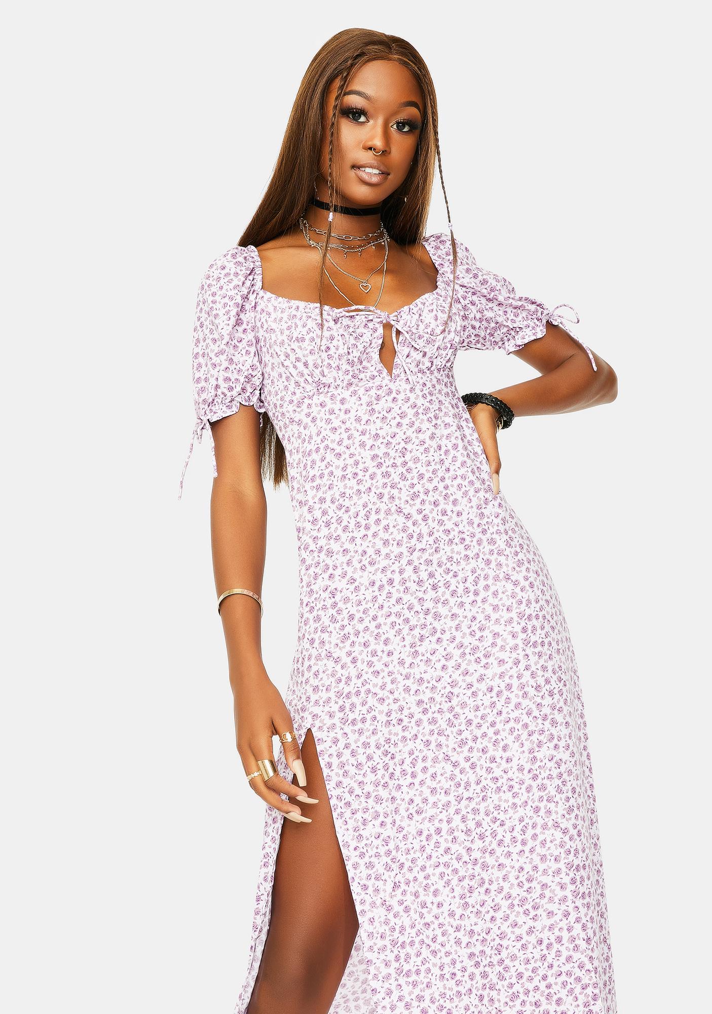 lilac midi dress with sleeves
