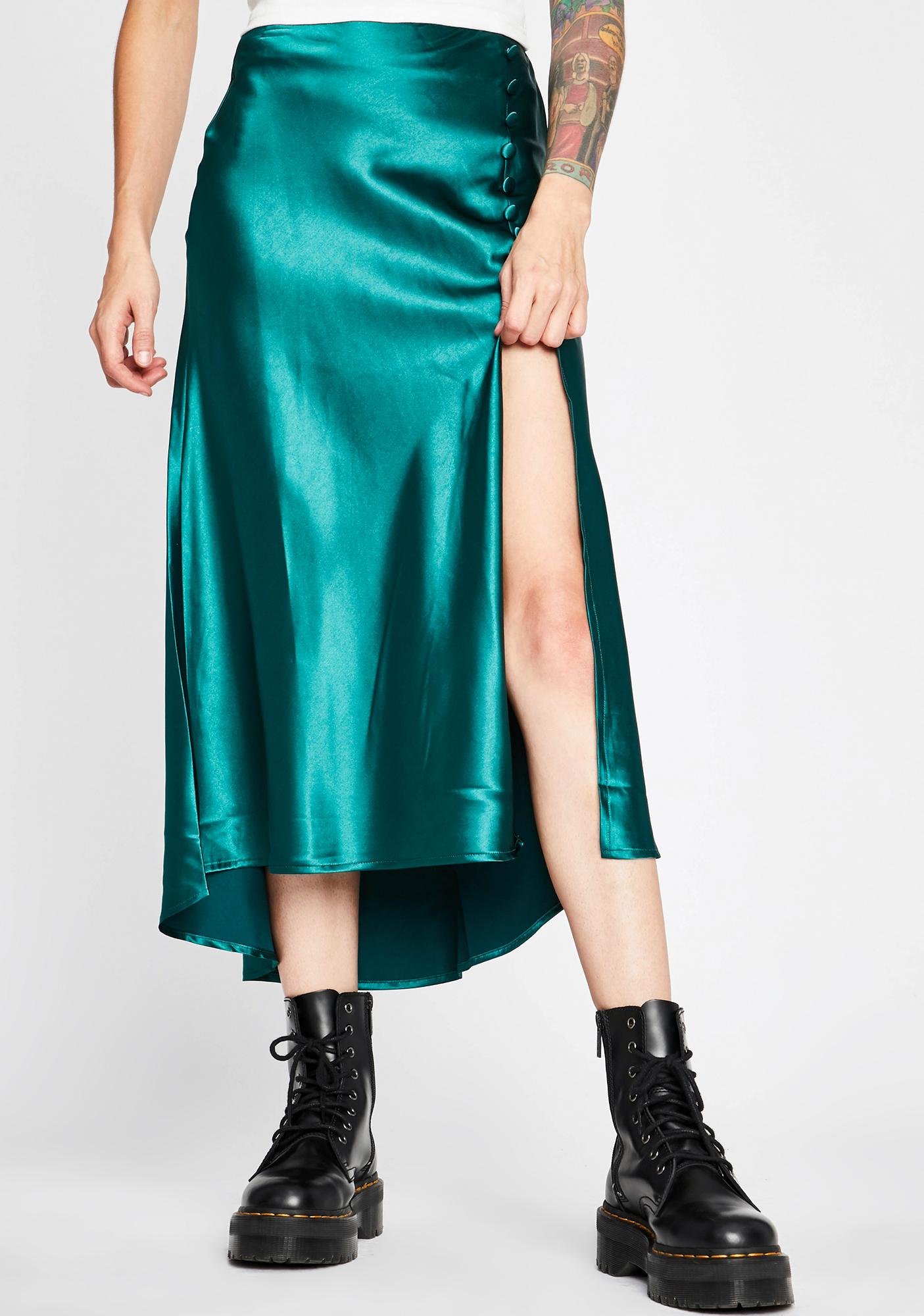 Green High Waist Midi Skirt Side Slit | Dolls Kill