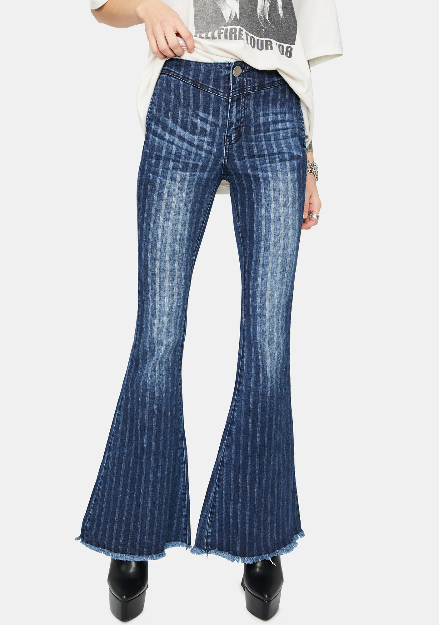 Striped Denim Flare Jeans Dark Blue Dolls Kill