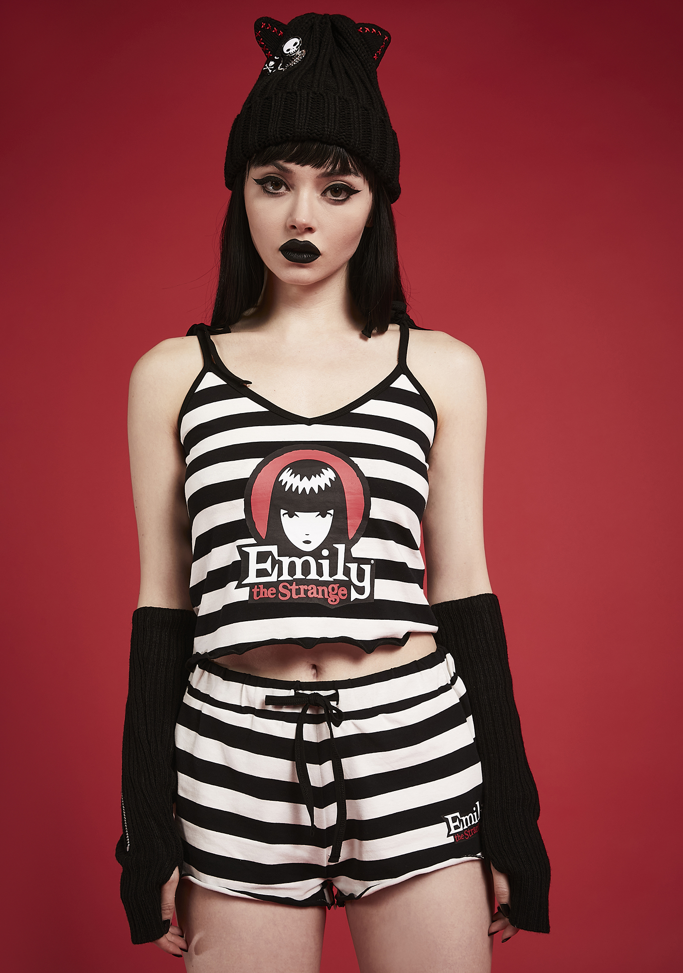 Emily The Strange Striped Logo Cami Top And Shorts Pajama Set 