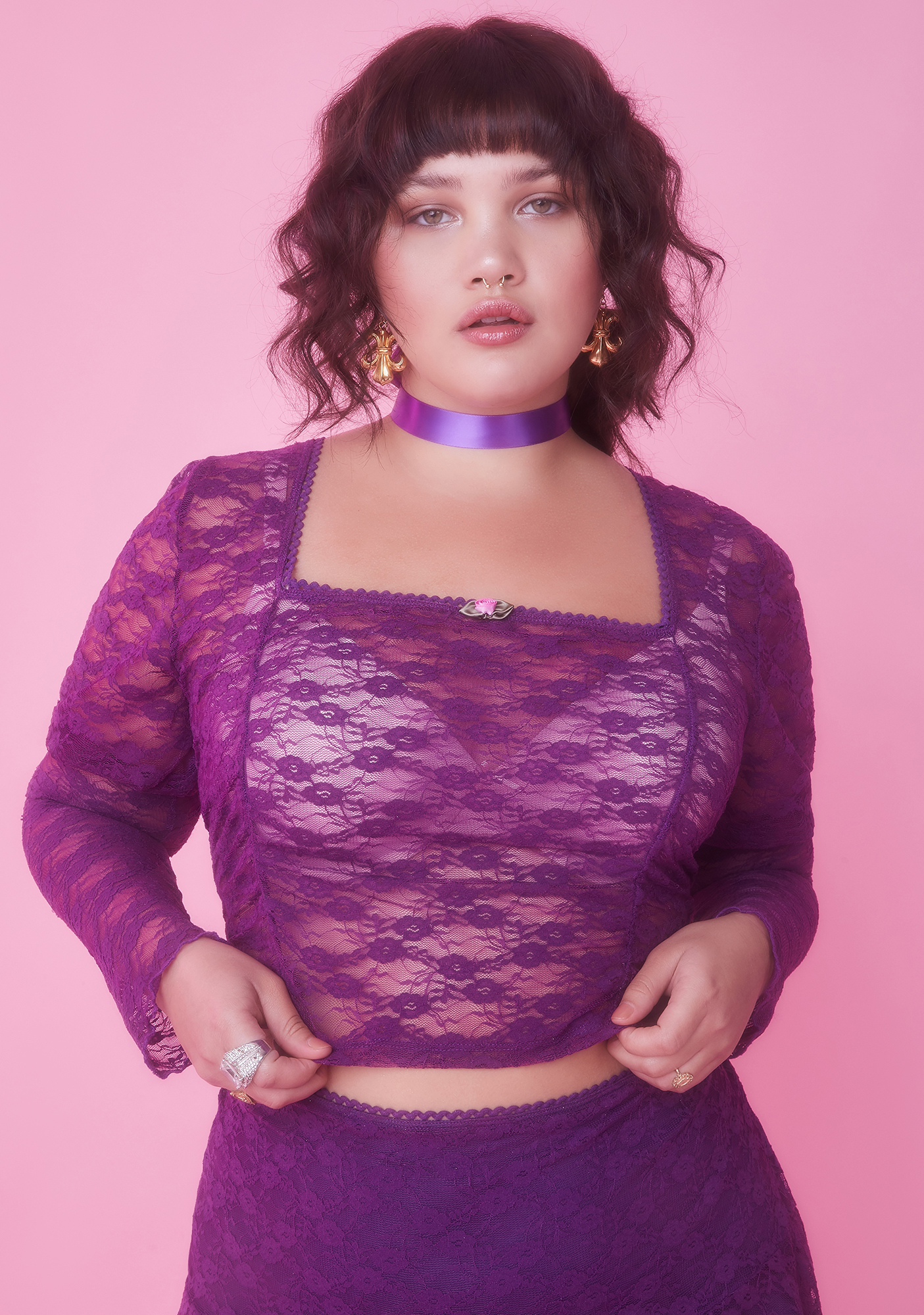 Sugar Thrillz Plus Size Lace Sheer Crop Top Purple Dolls Kill