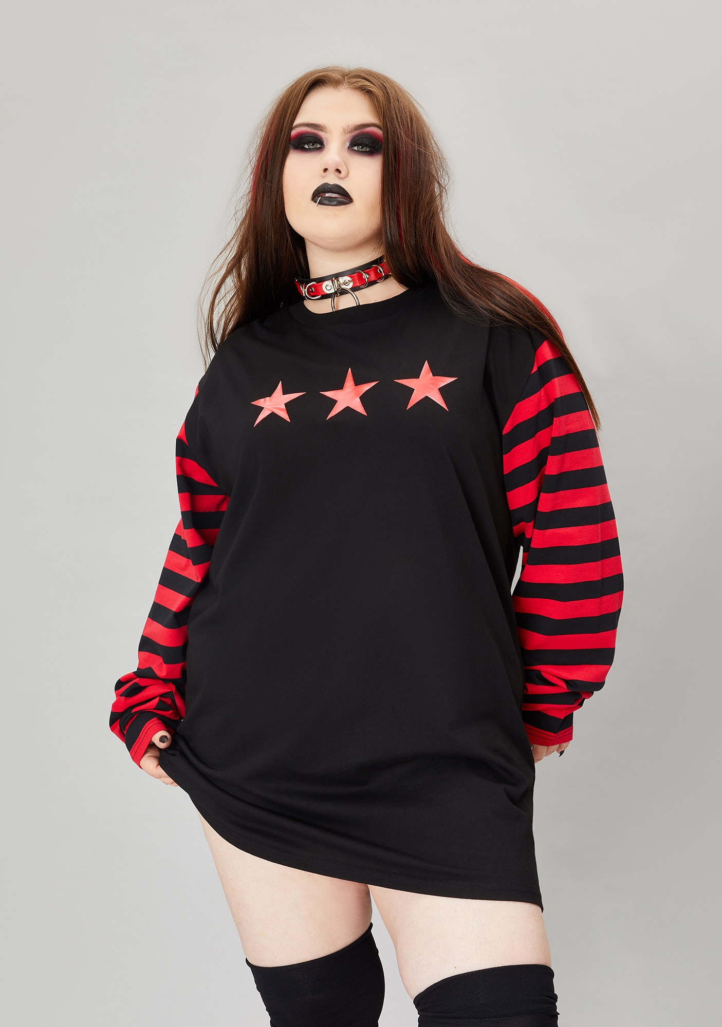 Plus Size Widow Emo Striped Long Sleeve Tee Black/Red Dolls Kill