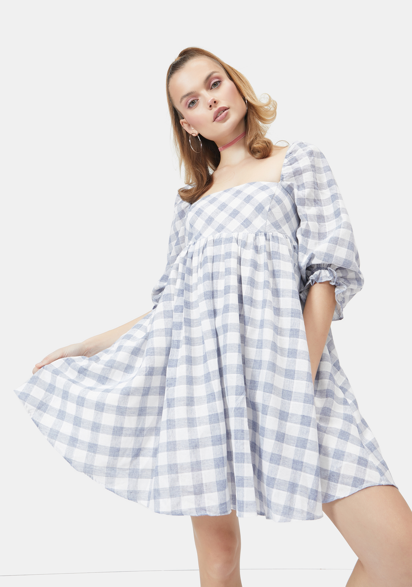 Gingham Puff Sleeve Babydoll Dress Blue Dolls Kill