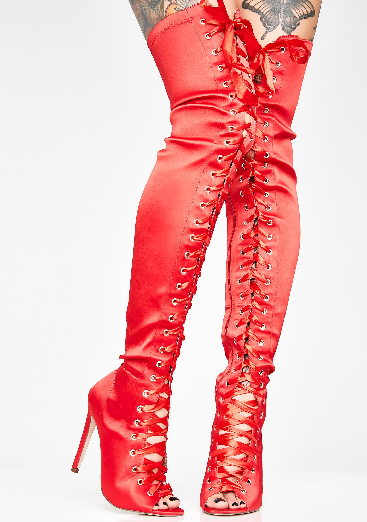 Peep Toe Lace Up Satin Thigh High Boots 