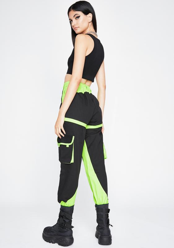 black cargo pants with neon stripe