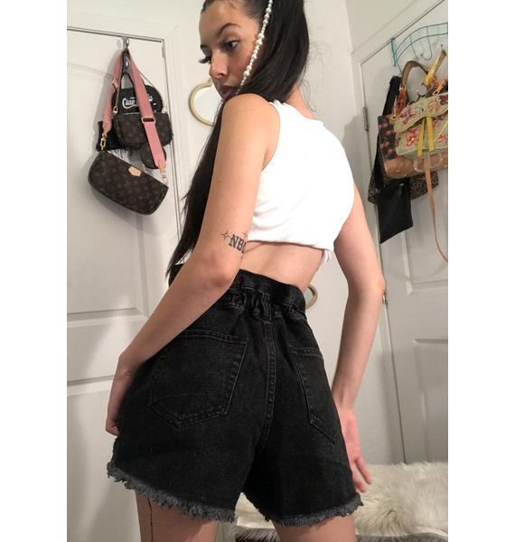 Denim Cinched Waist Frayed Shorts Black Dolls Kill